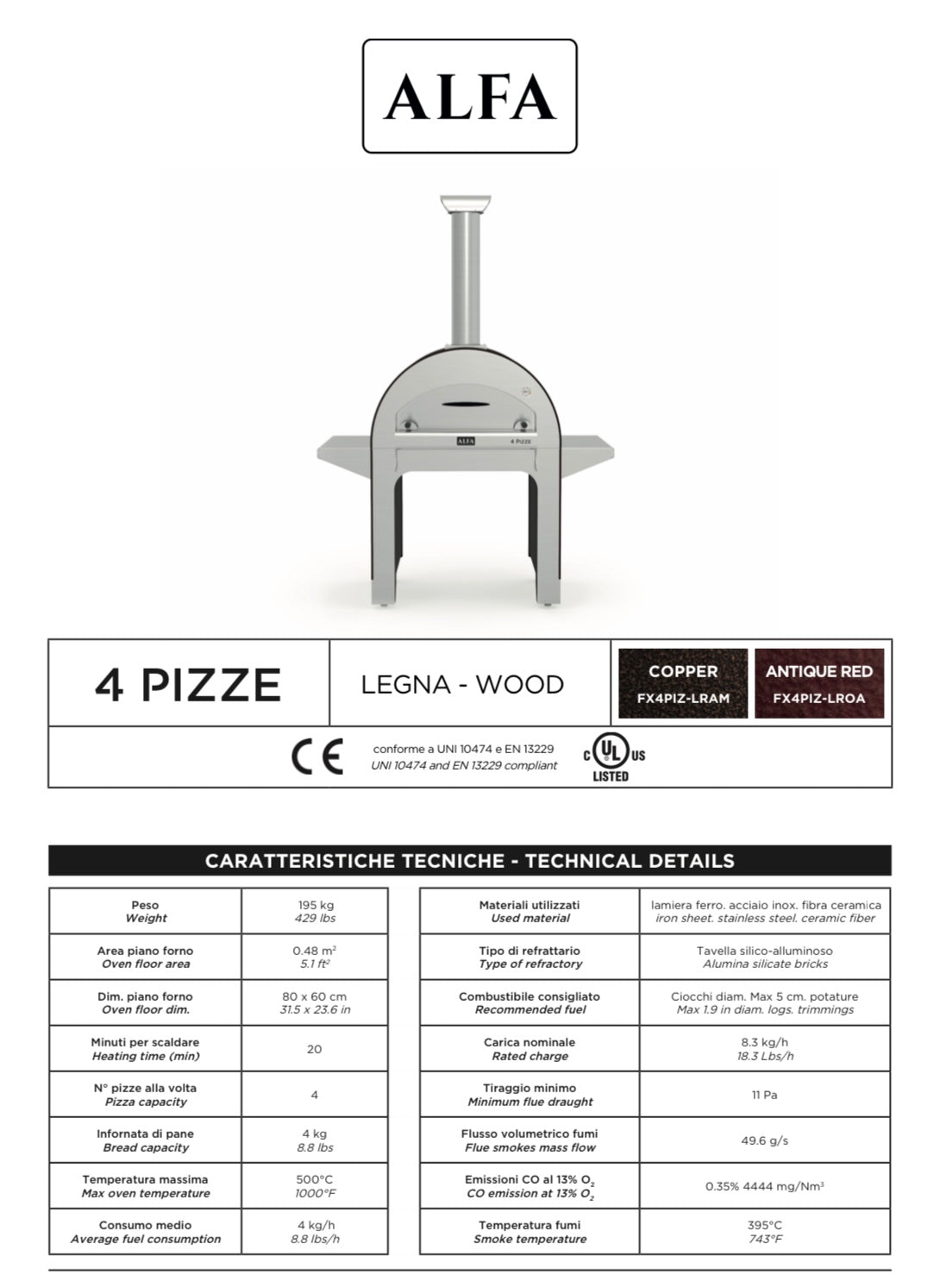 ALFA 4 PIZZE OVEN COPPER inc Base & Cover
